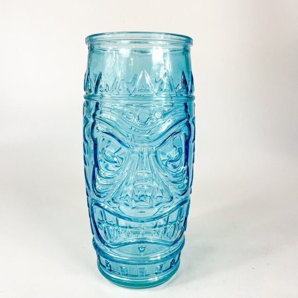 Vintage Style Aqua Blue Tiki Face Cocktail Highball Glass Hawaii Tropical - Picture 3 of 5